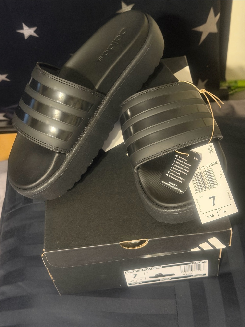 Adidas Adielette Black Platform Slide Sandals Sz 7